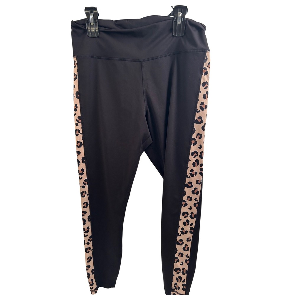 Cabana by Crown & Ivy Leggings XL Black Leopard Print Side Stripe Womens